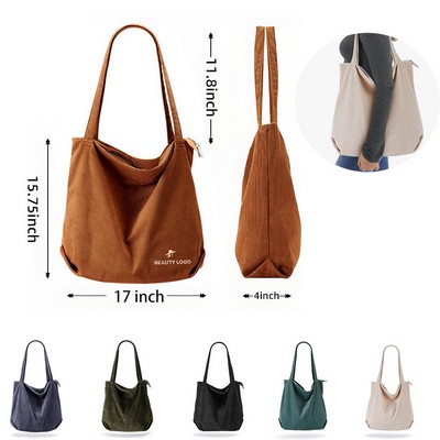 Vintage Casual Style Corduroy Tote Bag With Zipper Closure And Multiple Pockets Large Capacity